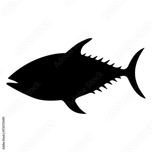 Silhouette illustration of a tuna fish with distinct fins and spiky dorsal line swimming to the right