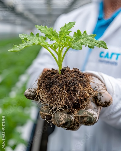 Scientist Holding Hydroponic plant with Exposed Roots in Controlled Greenhouse Environment