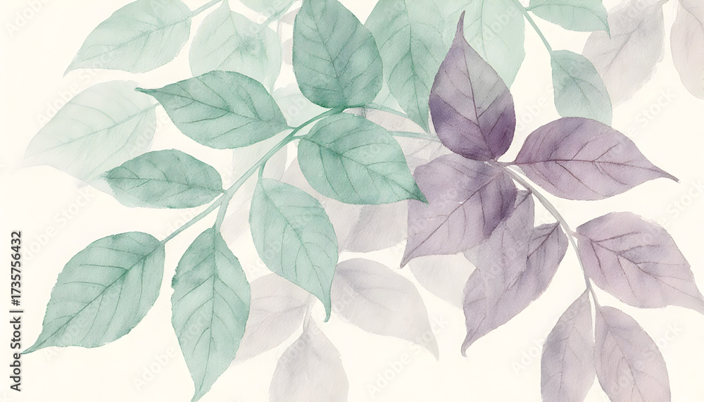Obraz premium Watercolor Botanical Leaves in Soft Green and Purple Tones on Light Background