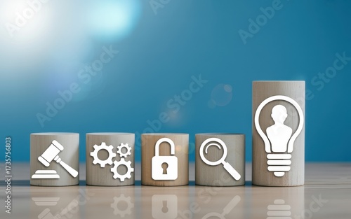 Conceptual illustration of data privacy and compliance principles, featuring icons for law, process, security, and human-centric innovation on ascending blocks