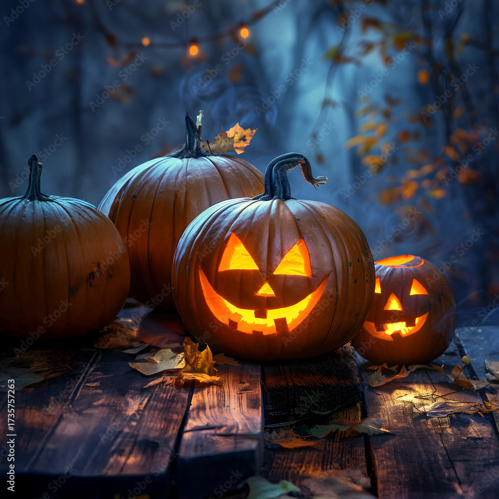 Obraz premium Shining carved Halloween pumpkins lying on the wooden board in a mystical autumn forest at night. Concept of Halloween celebration, Trick or Treat and season.