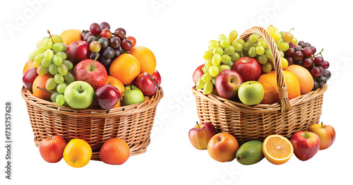 Colorful Mixed Fruits in Basket: A natural wicker basket overflowing with assorted fresh fruits like apples, grapes, and oranges, sharp PNG.
