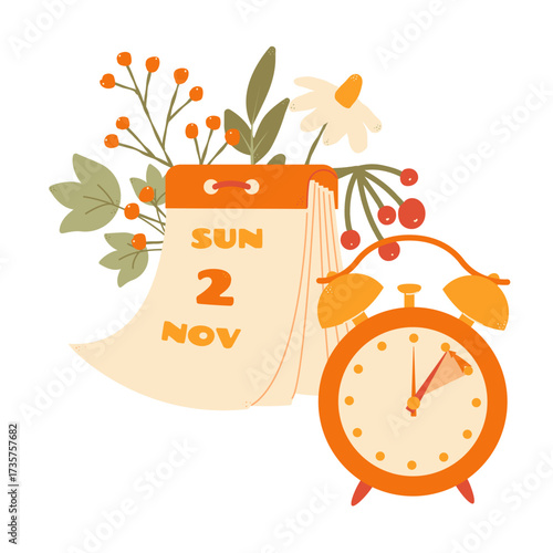 Fall Back in USA and Canada 2025, change clock back one hour, Daylight Saving Time Ends web reminder banner in flat style. Clocks with arrow hand turning back an hour. Flat aesthetic web banner.