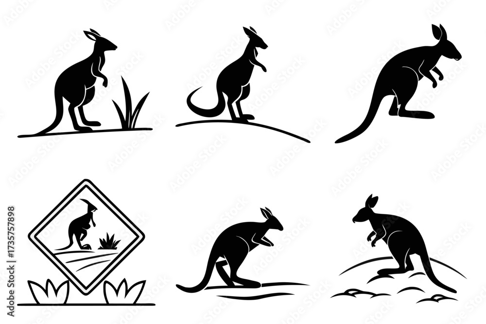 Fototapeta premium Eight minimalist agile wallaby icons set