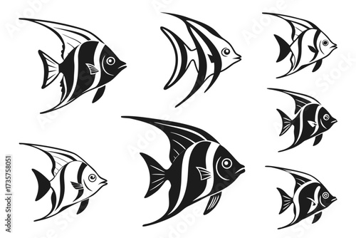 Set of eight minimalist angelfish icons in black and color