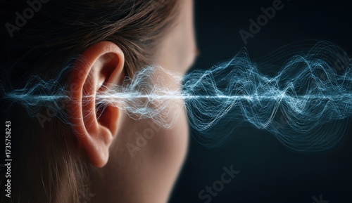 Human ear with sound waves emanating, representing hearing and auditory perception.