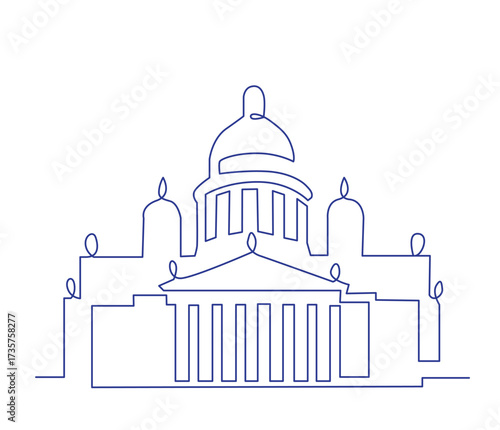 One  continuous line illustration of St. Isaac’s Cathedral in Saint Petersburg, for travel branding, postcards, posters, souvenirs, minimalist decorative designs.