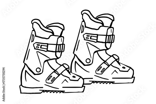 Line art ski boots illustration ideal for winter sports catalogs, branding, packaging, posters, web banners, logos, promotional materials.