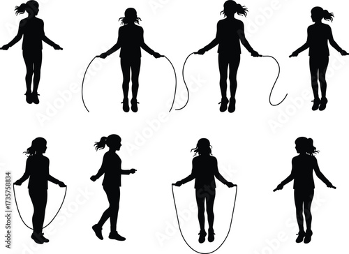 Silhouette of girl skipping rope, child exercising, young girl jump rope, fitness activity, healthy lifestyle, playtime, sports, outdoor fun