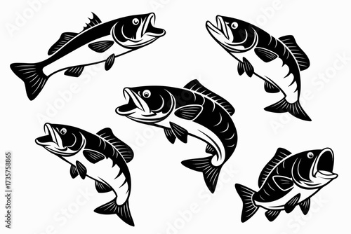Minimalist bass fish icons set black and yellow