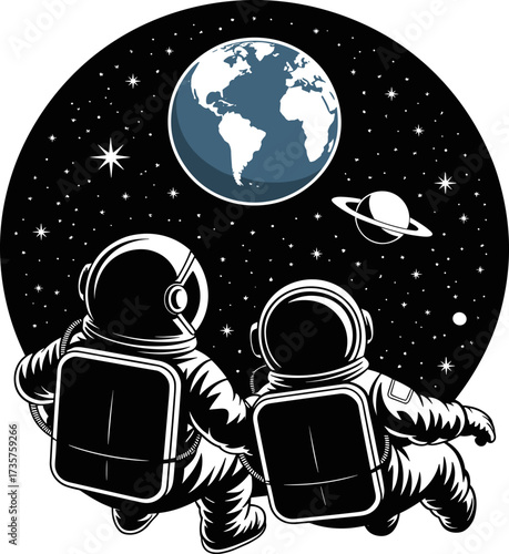 Two astronauts float in space gazing at the Earth and a distant ringed planet exploring the vastness of the cosmos together on an interstellar journey