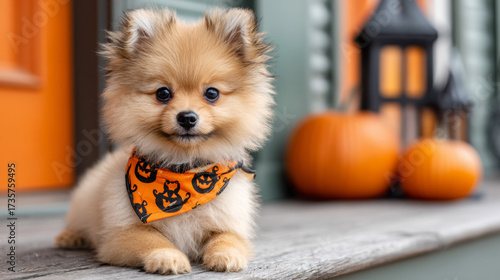 Cute Pomeranian puppy dog wearing Halloween costume by pumpkins  
