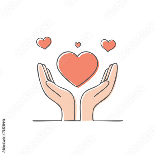 Cupped hands gently holding a generous red heart with smaller loving hearts floating