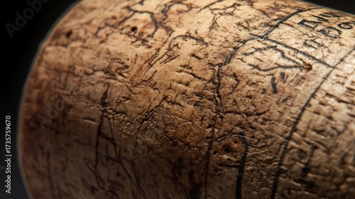 Extreme close up of aged wine cork texture showing natural patterns and text impressions, vintage wine concept