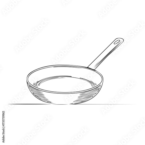 Hand drawn illustration of a skillet or frying pan for cooking with handle.