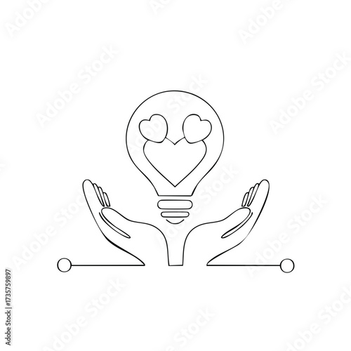 Line art of a lightbulb with hearts inside held by hands.