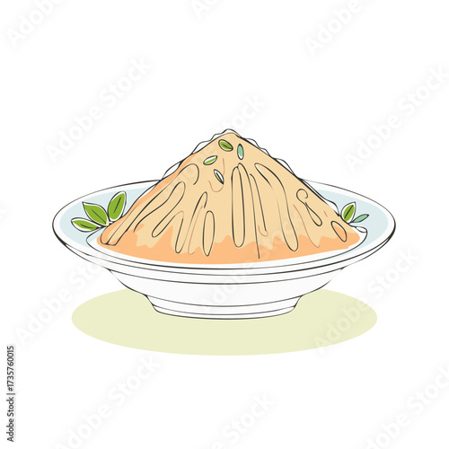 Illustration of Creamy dessert served in a bowl with green herb garnish