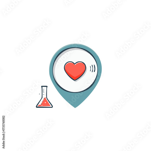 Heart symbol in map pin location with science flask nearby illustration