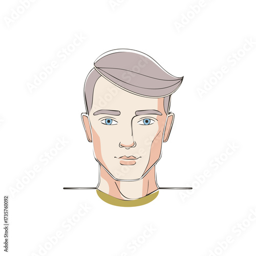 Minimalist outline illustration portrait of a young man with sleek grey hair and striking blue eyes