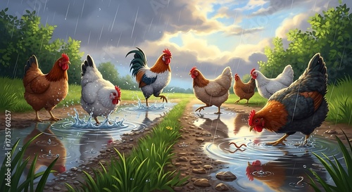 Chickens in a puddle on a farm, enjoying the rain.