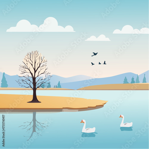 Floodplains in winter, solitary tree, early mist