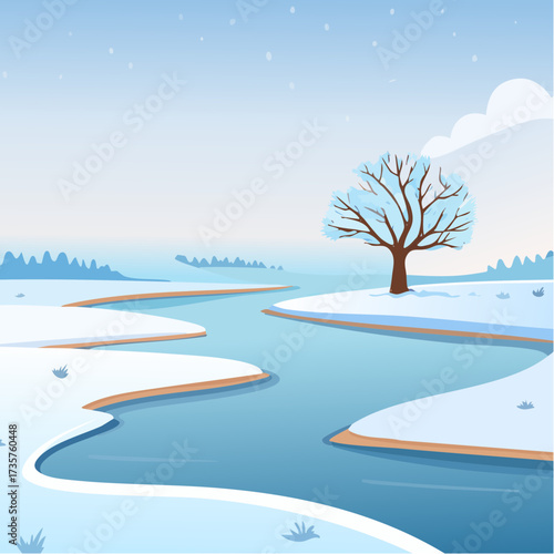 Floodplains in winter, solitary tree, early mist