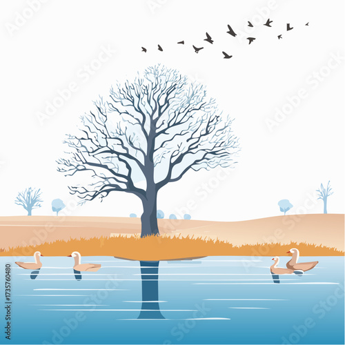 Floodplains in winter, solitary tree, early mist
