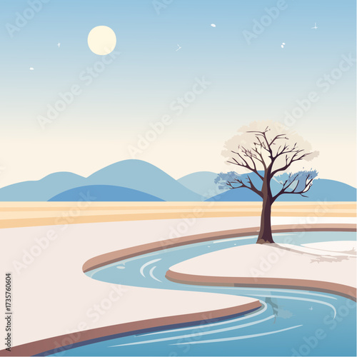 Floodplains in winter, solitary tree, early mist