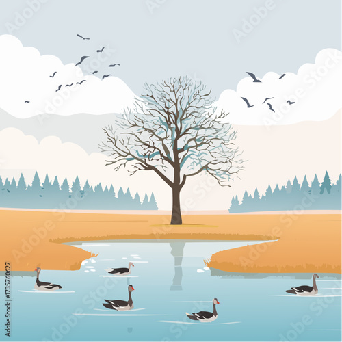 Floodplains in winter, solitary tree, early mist