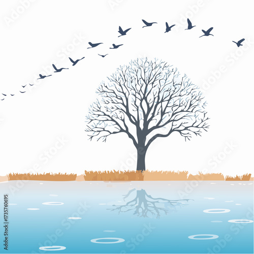 Floodplains in winter, solitary tree, early mist