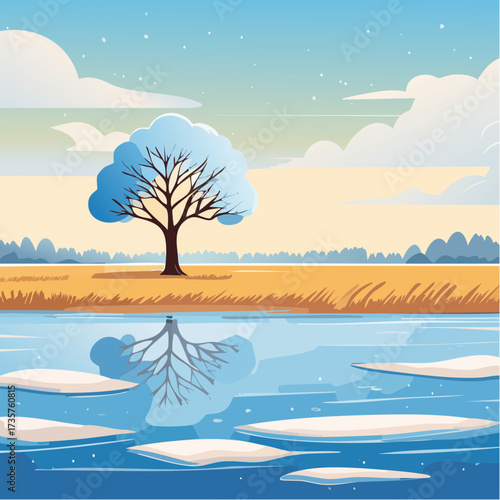 Floodplains in winter, solitary tree, early mist