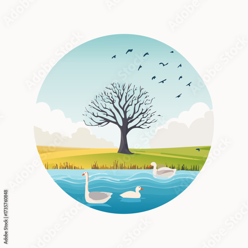 Floodplains in winter, solitary tree, early mist