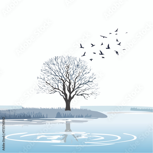 Floodplains in winter, solitary tree, early mist