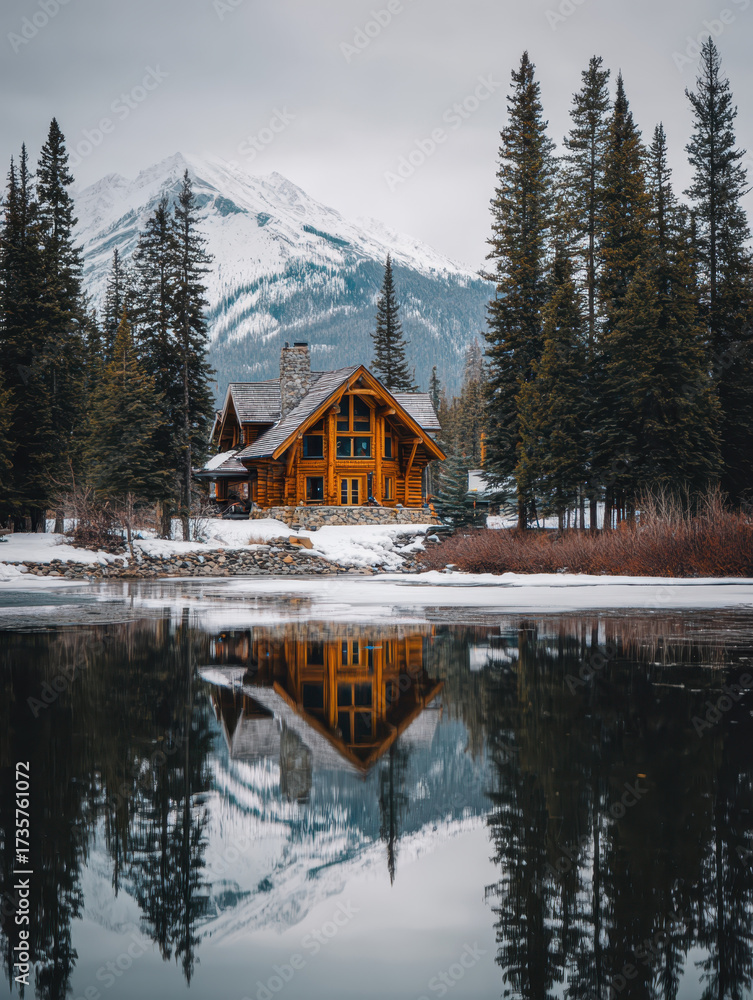 Fototapeta premium Cozy wooden cabin sits by tranquil lake, surrounded by tall pine trees and snow capped mountains. serene reflection of cabin and trees in water creates peaceful atmosphere