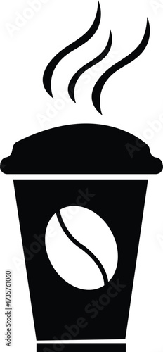Vector art of a black icon of a takeaway coffee cup with steam rising, isolated on a white background