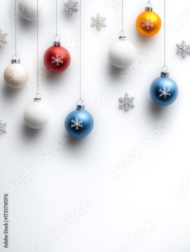 Festive Christmas Ornaments in Red Blue Orange and White on White Surface