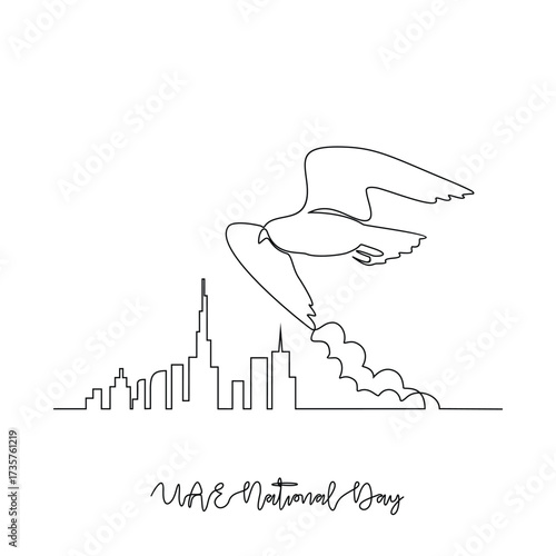 One continuous line drawing of UAE National Day vector illustration. UAE National Day theme design concept in simple linear continuous line style. Great design for national holiday campaign