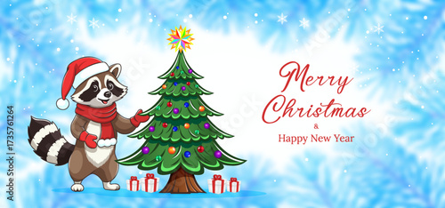 Vector cartoon funny cute smiling cheerful raccoon standing in mittens, red scarf and Santa Claus hat. Merry Christmas and Happy New Year. Holiday spruce toon tree. Fir balls. Snow. Greeting postcard