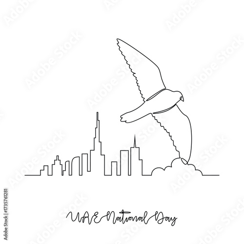 One continuous line drawing of UAE National Day vector illustration. UAE National Day theme design concept in simple linear continuous line style. Great design for national holiday campaign