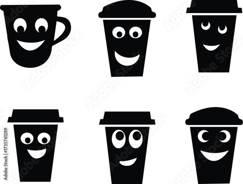Takeaway coffee cup icons with smiling cartoon faces, black and white vector illustration of cute to-go coffee mugs with funny expressions