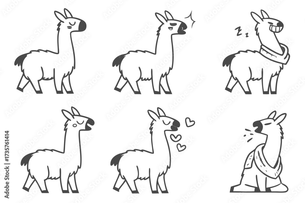 Fototapeta premium Minimalist cartoon llama icon set with vibrant colors