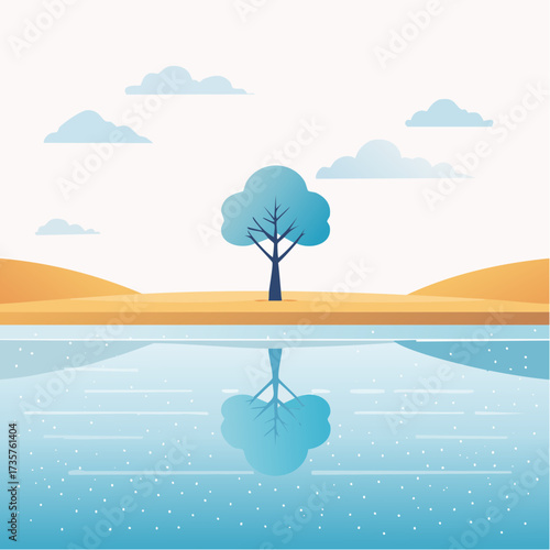 Floodplains in winter, solitary tree, early mist