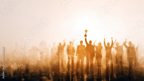 Wallpaper Mural Silhouettes of a business team raising a trophy against glowing city lights, symbolizing success, victory, and achievement. Torontodigital.ca
