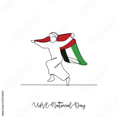One continuous line drawing of UAE National Day vector illustration. UAE National Day theme design concept in simple linear continuous line style. Great design for national holiday campaign