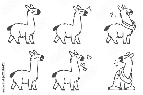Set of eight minimalist cartoon llama icons