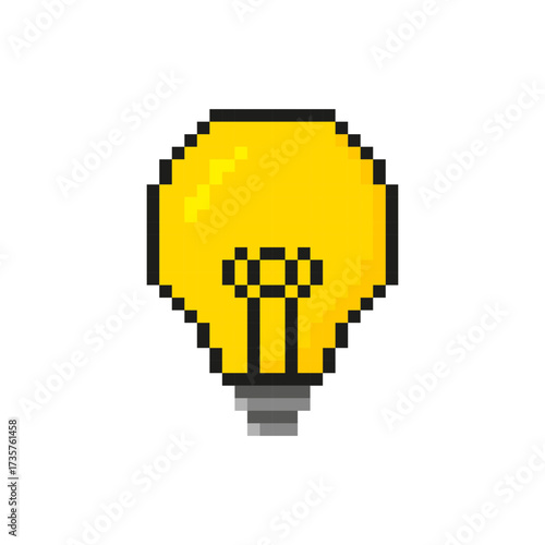 Light Bulb Idea in pixel design. Idea lamp, thinking lightbulb. Game assets or themed designs. Vector illustration.