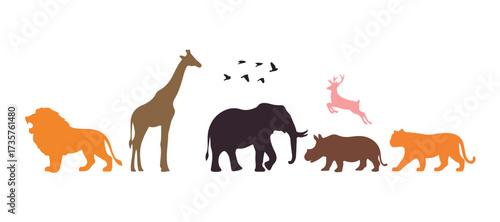 Silhouettes of wild animals set against a white background. Vector illustration