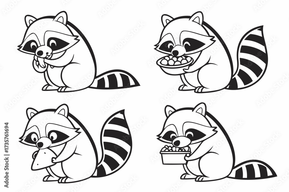 Fototapeta premium Minimalist cartoon raccoon eating icon set