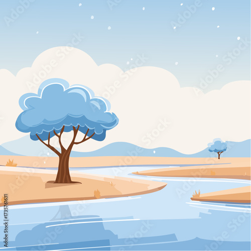 Floodplains in winter, solitary tree, early mist