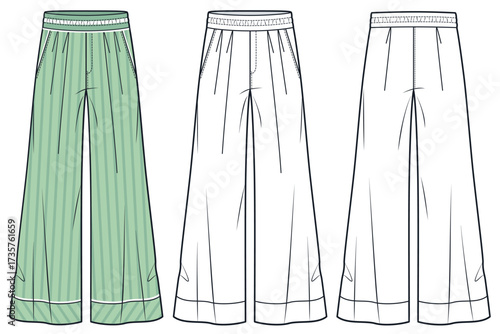Wide Leg Palazzo Pants with elastic waistband fashion flat sketch. Striped Pants technical fashion illustration, pockets, loose fit, front and back view, white, green, women, men, unisex CAD mockup.